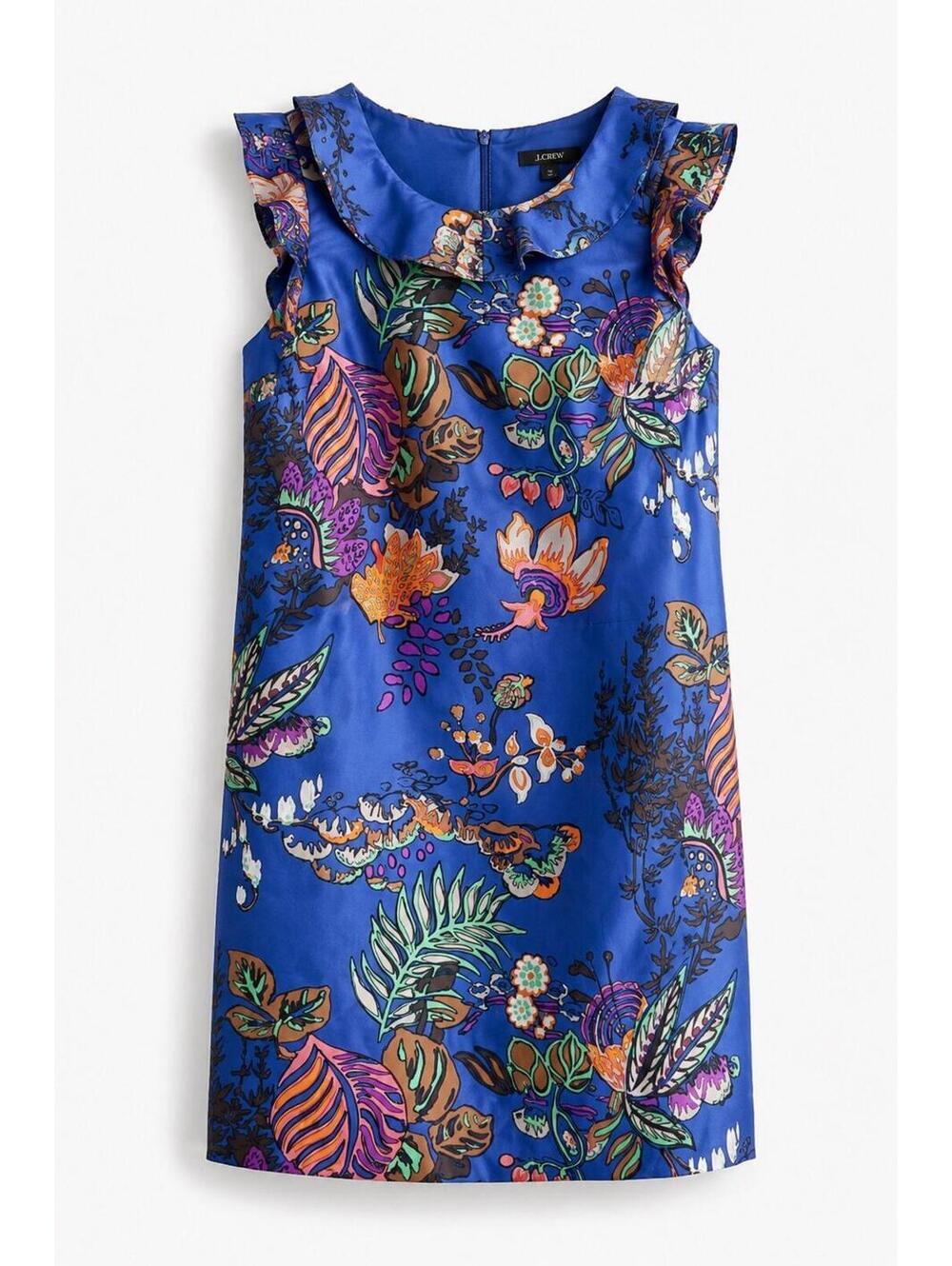 J.Crew Silk Ruffle Shift Dress Blue Floral Print Sleeveless Size 2 Lined - Picture 2 of 9